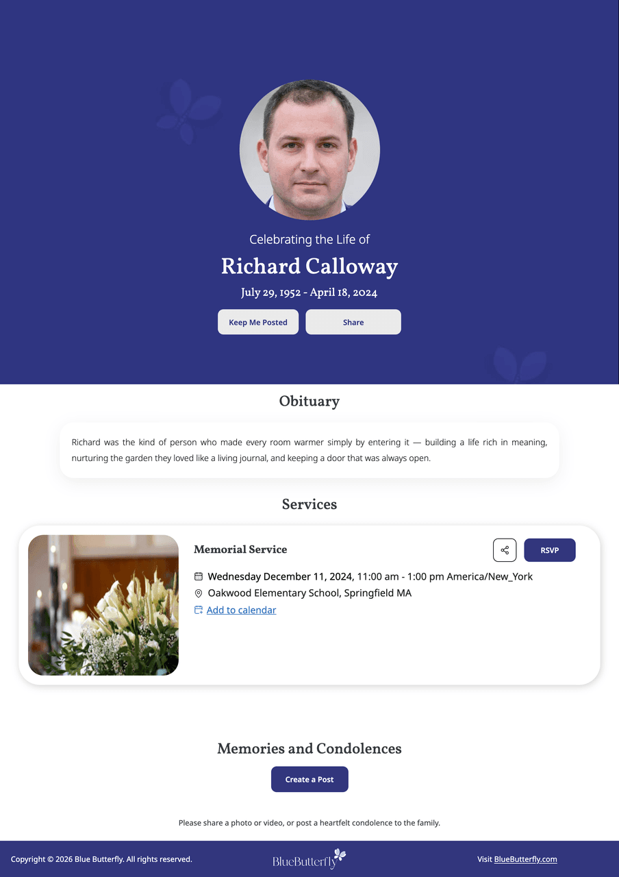 Memorial page template — Classic · Navy