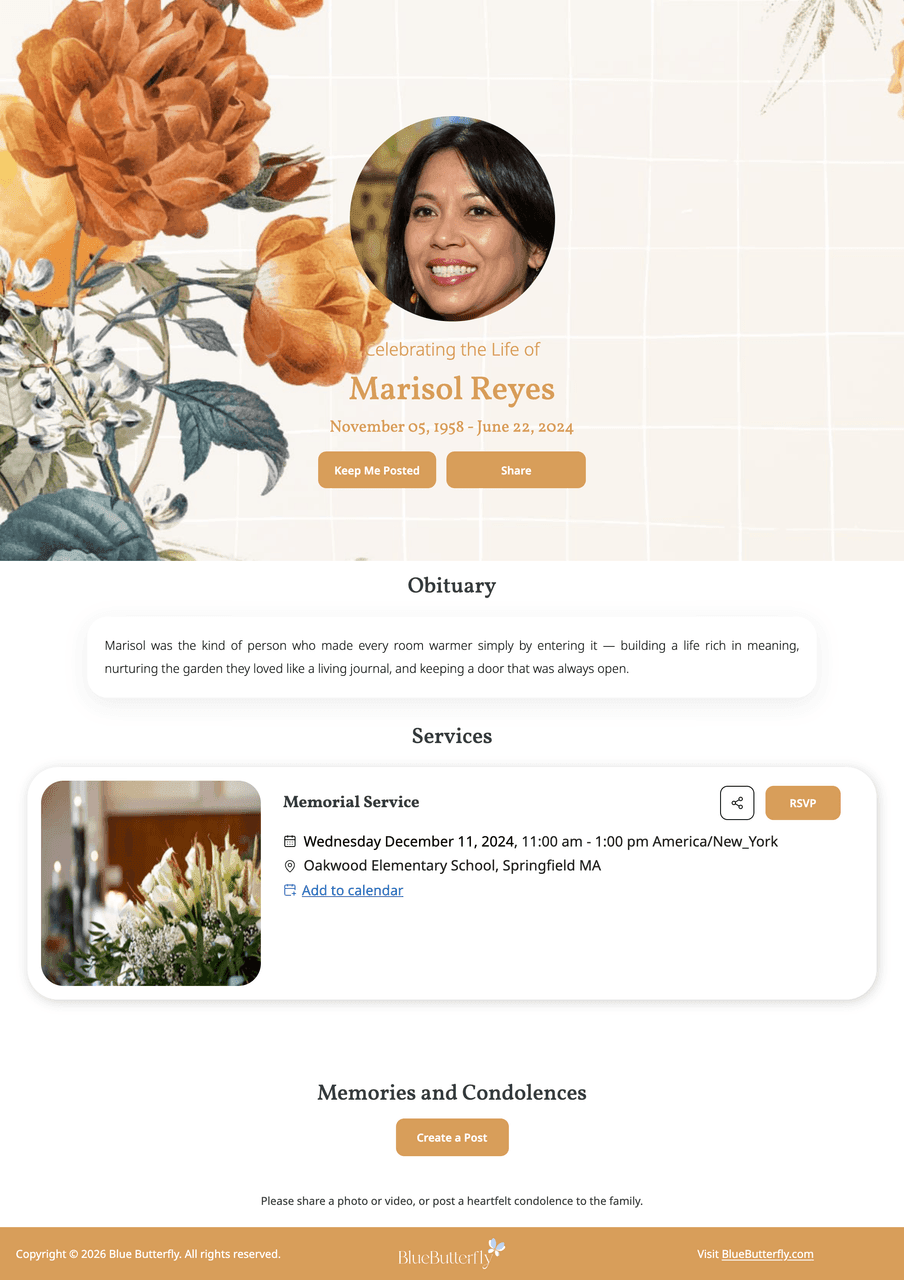 Memorial page template — Flowers · Burnt Orange Bouquets