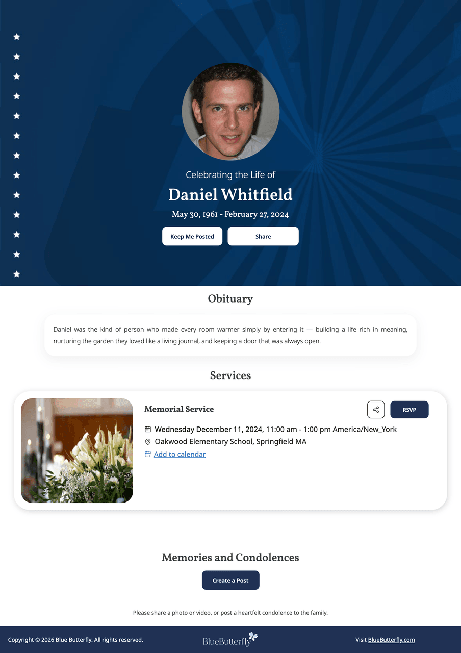 Memorial page template — Military · Stars And Stripes
