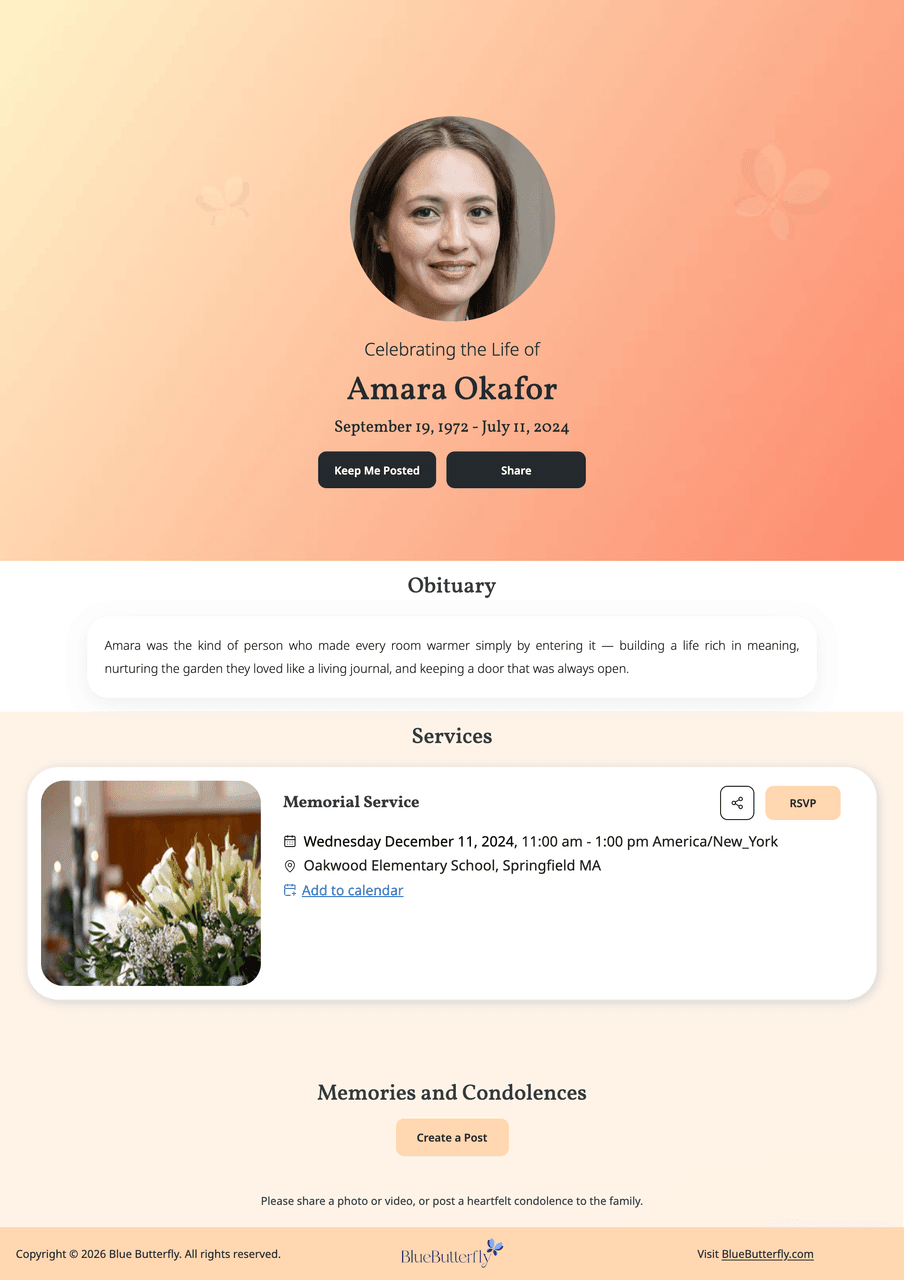 Memorial page template — Soft Gradient · Sunshine