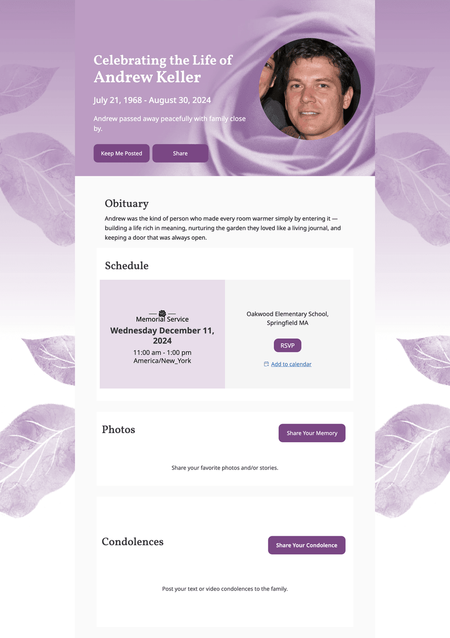 Memorial page template — Soft Roses · Purple