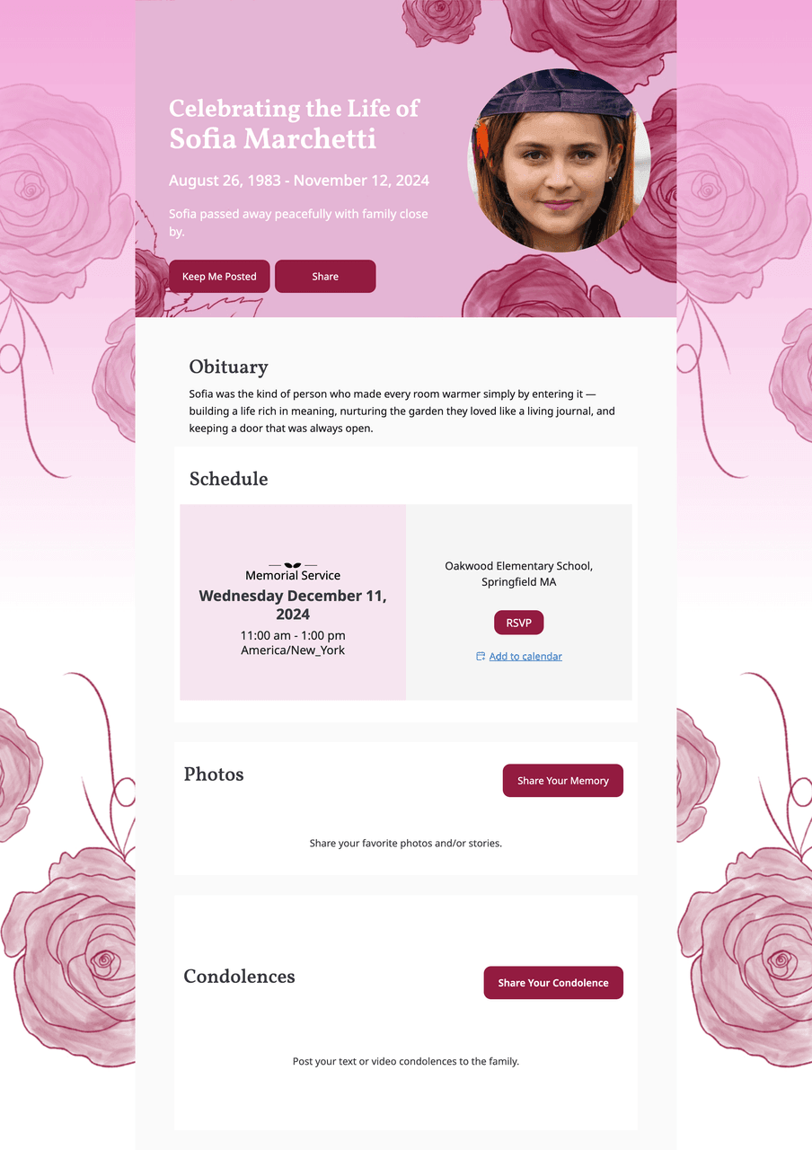 Memorial page template — Watercolor Roses · Pink