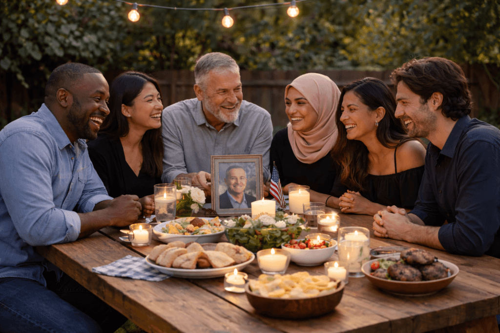 Family and friends gathered around a table at an outdoor memorial