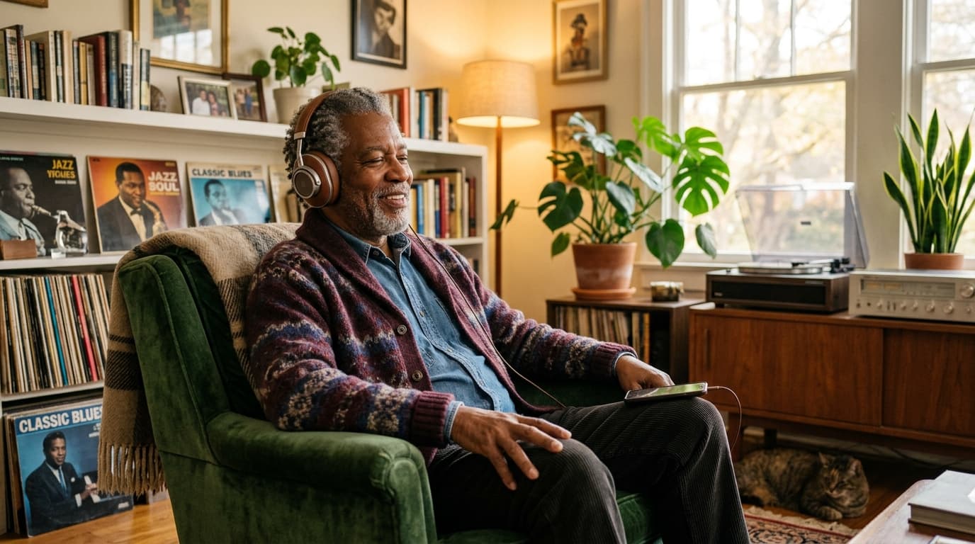 An older man smiling at home