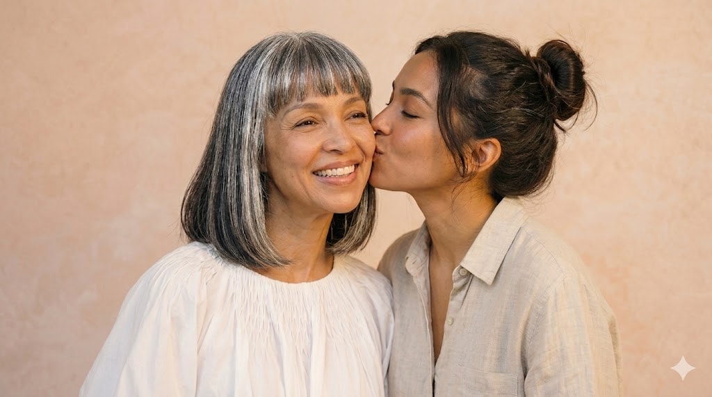 A daughter kissing her mother on the cheek